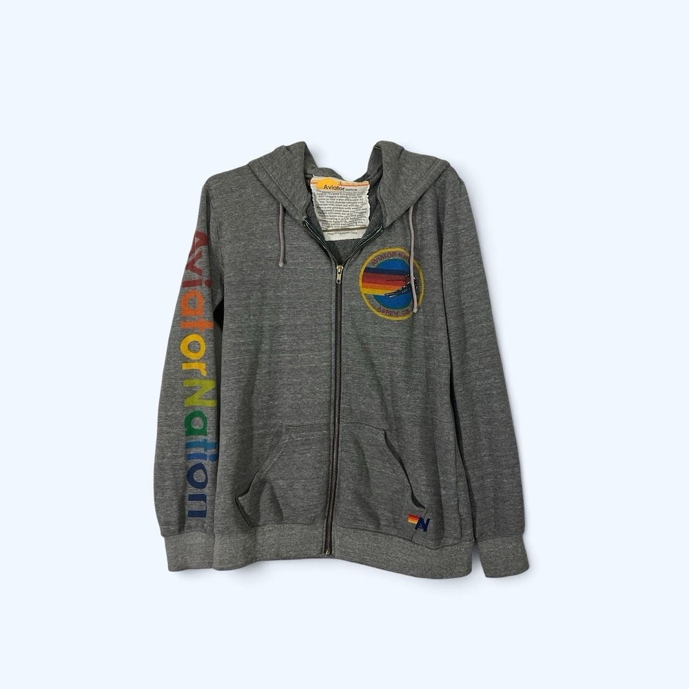 Aviator Nation Gray Zip-Up Hoodie with Rainbow Logo